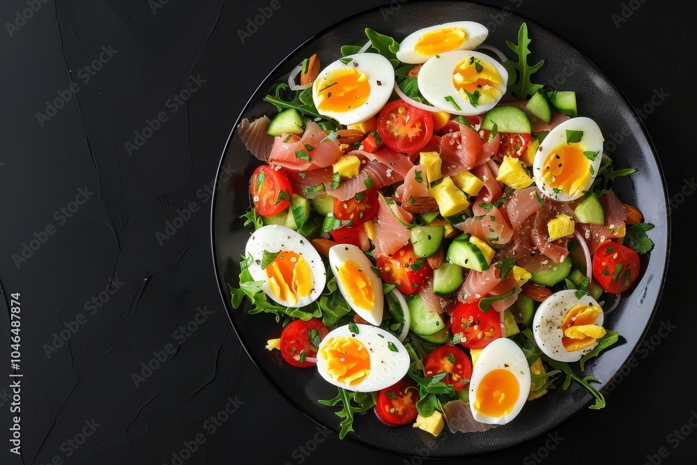 Tuna nicoise salad with veggies eggs anchovies Black background top view Copy space Tuna nicoise salad with veggies eggs anchovies Black background top view Copy space
