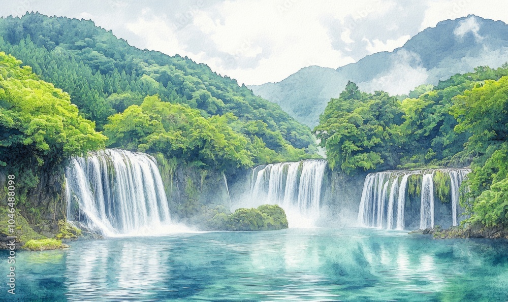 Fototapeta premium Watercolor Shifen Taiwan Waterfalls National Park Beautiful waterfalls, abundant, many foreigners come to visit