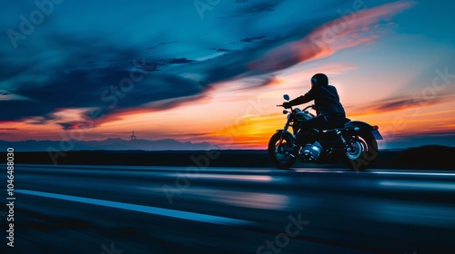 Motorcycle rider speeding on an empty highway at dusk photo