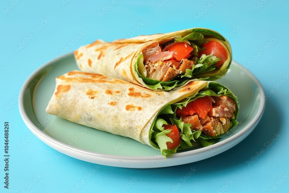 Two tuna melt wraps on white plate with blue background Two tuna melt wraps on white plate with blue background