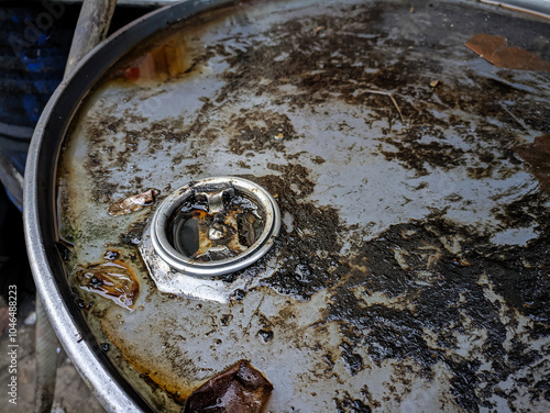 Close-up of a dirty cylindrical oil drum with oil residue in the filling hole, usually used for storage and delivery of oil from factories to consumers. photo