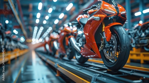 Red Sports Motorcycle in Production Line at Factory