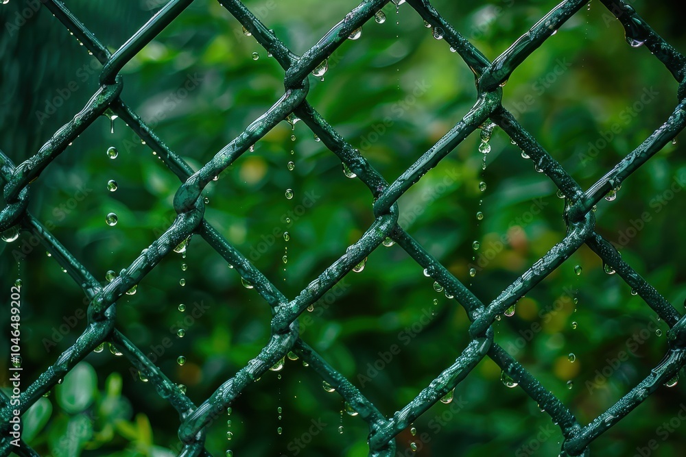 Fototapeta premium Wet green fence with drops in nature s background Close up of iron mesh