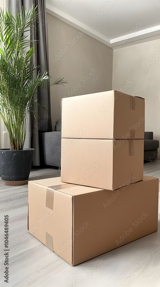Cardboard boxes ready for moving in empty apartment with big windows Cardboard boxes ready for moving in empty apartment with big windows
