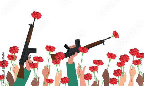 Festive composition for Portugal's Freedom Day. A red carnation is inserted into a rifle barrel. Symbol of victory and revolution. People are holding red flowers in their hands.