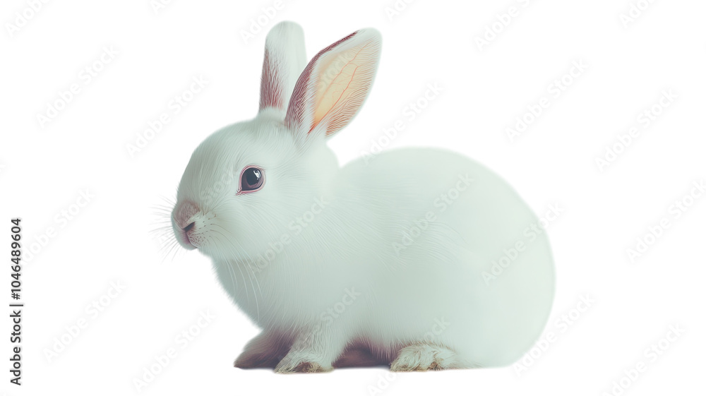 Obraz premium A small, fluffy white rabbit sitting quietly on a transparent background, showcasing its soft fur and curious expression in a calm setting.