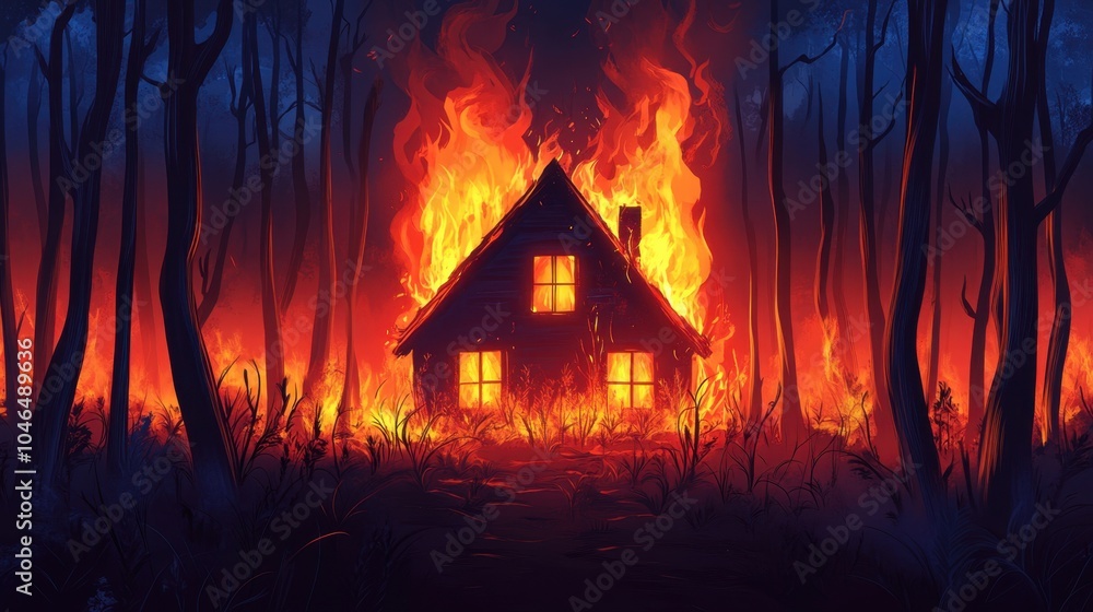 Dark Forest Horror Scene with Burning House - Eerie and Intense Illustration Creating Dramatic Atmosphere Dark Forest Horror Scene with Burning House - Eerie and Intense Illustration Creating Dramatic Atmosphere