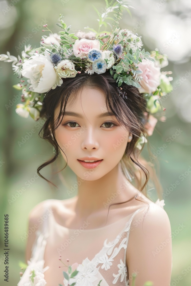 Young woman with floral crown in natural light with soft focus Young woman with floral crown in natural light with soft focus