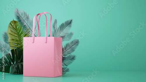 A pink shopping bag stands against a green background, surrounded by tropical leaves, creating a vibrant and playful shopping aesthetic.