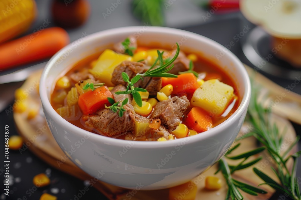 Winter comfort food Homemade beef soup with vegetables in white bowl Winter comfort food Homemade beef soup with vegetables in white bowl