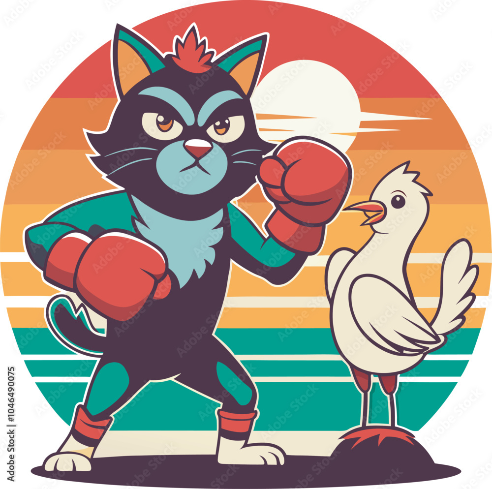 Fototapeta premium Nostalgic Cat in Boxing Gloves and Chicken Design – Silhouette Art