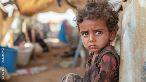 A sad child in a camp for displaced people from the war photo