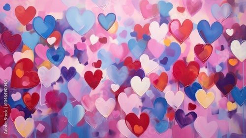 A cheerful room with a wall full of colorful hearts in a variety of sizes and shades