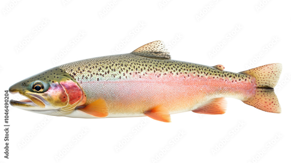 A detailed view of a rainbow trout swimming in clear water during daylight, showcasing its vibrant colors and unique patterns. A detailed view of a rainbow trout swimming in clear water during daylight, showcasing its vibrant colors and unique patterns.