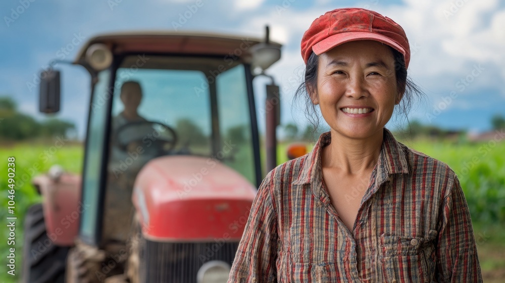 Proud Middle-aged Asian Female Farmer Standing by Tractor in Rural Field Proud Middle-aged Asian Female Farmer Standing by Tractor in Rural Field
