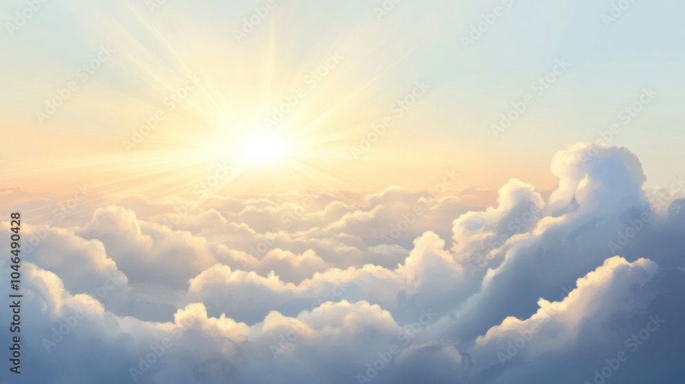 Realistic morning sky with soft sun rays breaking through clouds, clear visibility, creating a fresh and hopeful atmosphere, excellent for stock images, Realistic morning sky with soft sun rays breaking through clouds, clear visibility, creating a fresh and hopeful atmosphere, excellent for stock images,