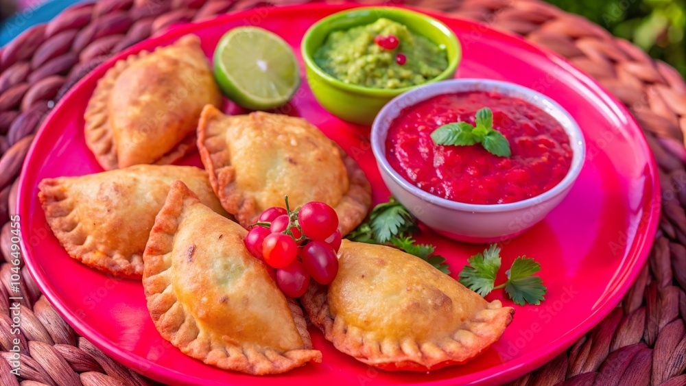 Delicious Latin American fried empanadas served with fresh tomato, avocado dip, and lime on a vibrant outdoor table Delicious Latin American fried empanadas served with fresh tomato, avocado dip, and lime on a vibrant outdoor table