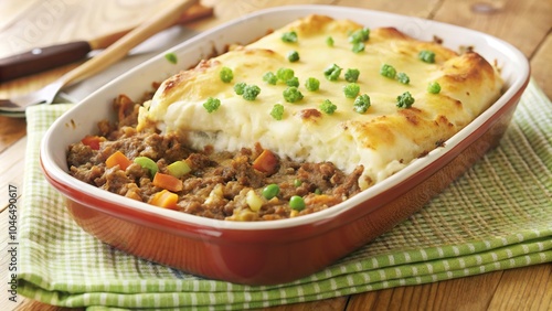 Delicious homemade shepherd's pie served in a baking dish on a rustic wooden table with fresh herbs sprinkled on top