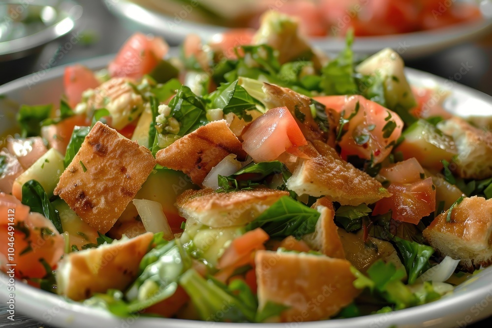 Zoomed in view of Lebanese fattoush plate Zoomed in view of Lebanese fattoush plate