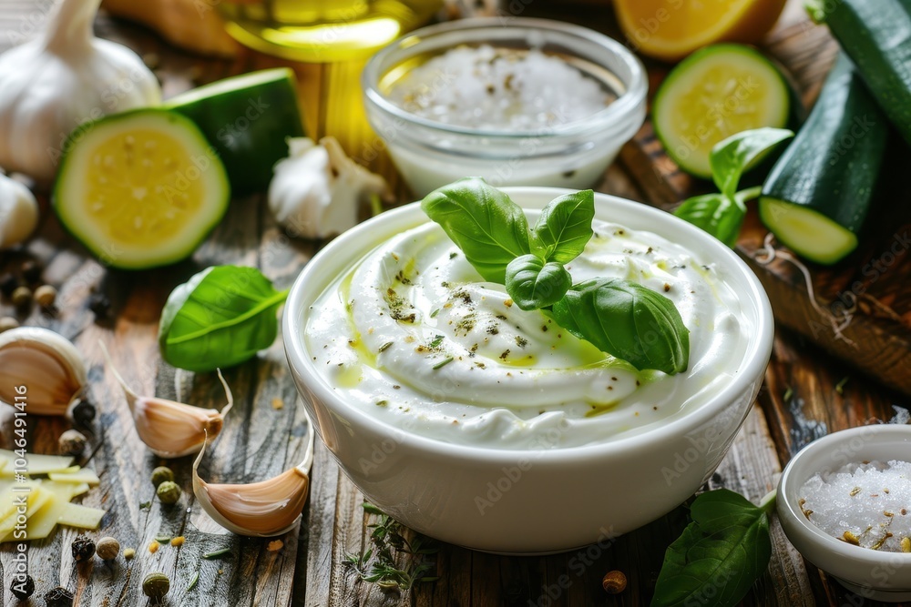 Zucchini cream in white bowl on wooden table with ingredients around Zucchini cream in white bowl on wooden table with ingredients around