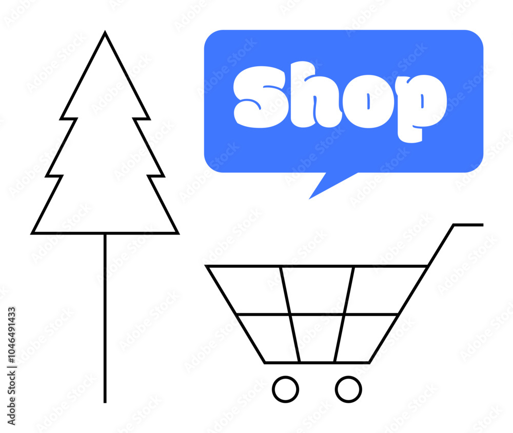 Line drawing of a pine tree, shopping cart, and speech bubble with the word Shop. Ideal for retail, e-commerce, sustainability, nature, and marketing themes. Simple, minimalist, modern style Line drawing of a pine tree, shopping cart, and speech bubble with the word Shop. Ideal for retail, e-commerce, sustainability, nature, and marketing themes. Simple, minimalist, modern style