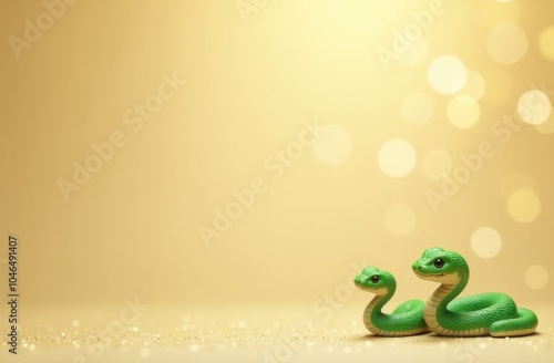 Family of two cute gtreen snakes on golden bokeh background, space for tex or logo, symbol of 2025 concept photo