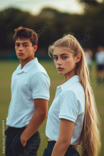 teen boy school player stands next to a beautiful teen girl in school uniform and white shirt. She has long blonde hair styled into a sleek ponytail. They stand on a sports field, with other children