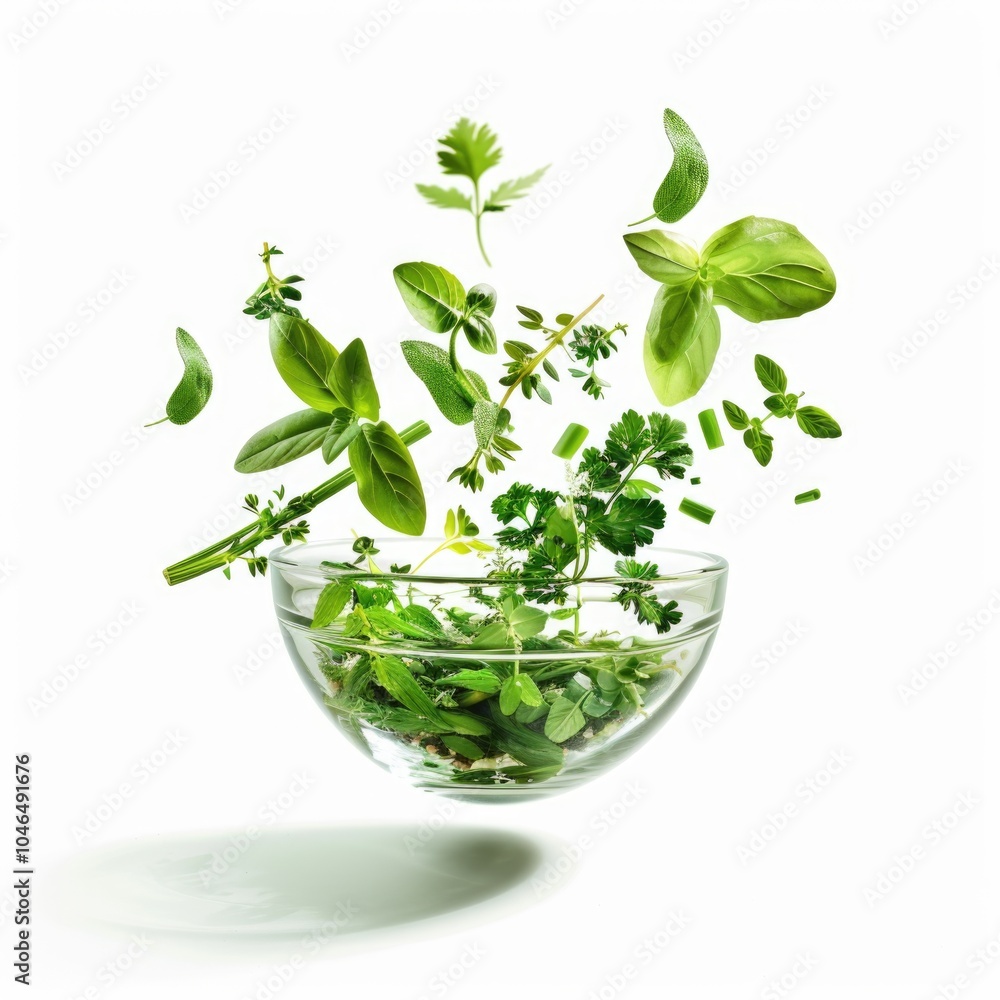 Fresh Culinary Herbs Levitating Above Glass Bowl on White Background Fresh Culinary Herbs Levitating Above Glass Bowl on White Background