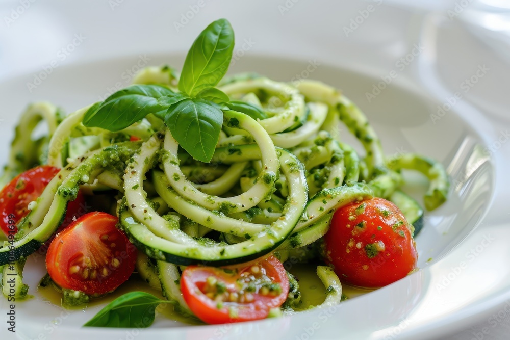Zucchini spaghetti with pesto and tomatoes Zucchini spaghetti with pesto and tomatoes