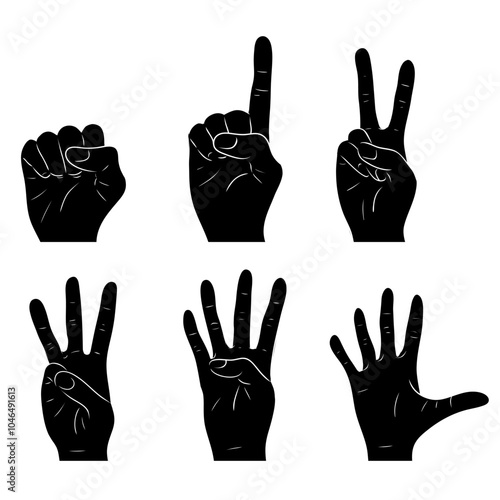 Vector set of counting on fingers. From 1 to 5. Collection of black silhouette hand gestures. Body parts for icon and your design