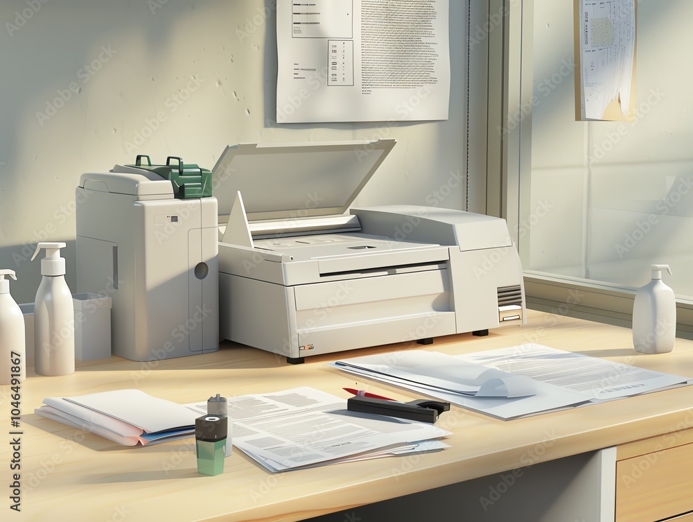 Fototapeta premium A 3D render of a complete copier cleaning kit on a desk