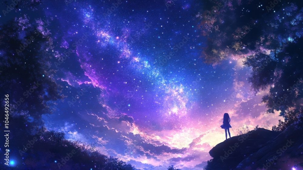 Fototapeta premium Starry sky with the Milky Way visible, deep blue and purple hues, magical and serene, perfect for nighttime stock images or celestial themes,
