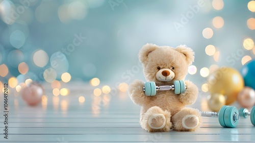 Cute teddy bear lifting weights for fitness fun photo