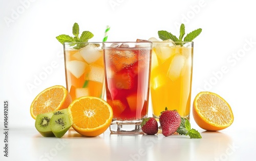 A lively image featuring glasses of apple and orange juices paired with fresh fruits, isolated on a white background