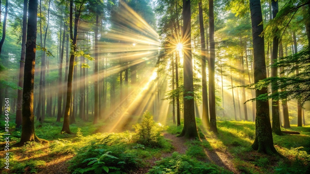 Obraz premium Sunlight streaming through a dense forest Medium Shot