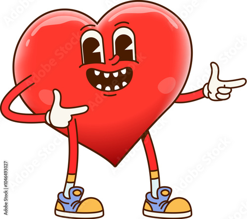 Cartoon playful heart character with a groovy bright smile and expressive eyes captures an upbeat and happy vibe for themes of love, positivity and fun. Isolated vector cute Valentines day personage