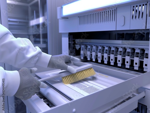 A 3D render of a technician using a brush to clean a copier s fuser unit photo