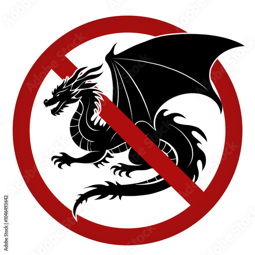 Vector prohibition sign with black silhouette of dragon. Do not touch mythical creatures. Danger of bite of fairy dragon. Forbidden sign for stickers