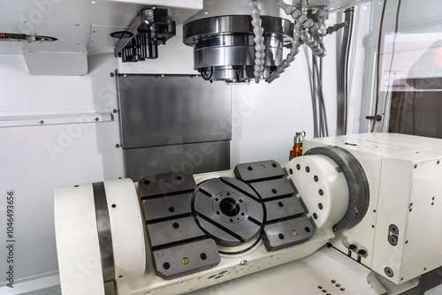 Five axis milling machining center. Interior of a 5 axis milling machine. Milling machine with a rotary table. Multi axis CNC machine. photo