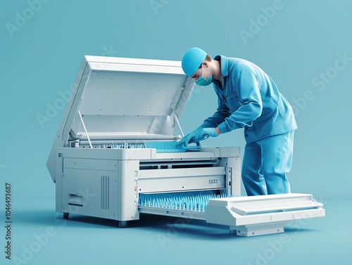 A 3D render of a technician using a brush to clean a copier s fuser unit photo