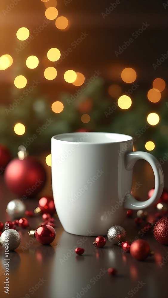 Fototapeta premium White cup on New Year background, blurred nice bokeh