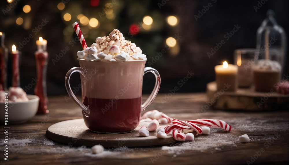 A warm festive drink with marshmallows and peppermint on a wooden table decorated for the holidays in a cozy setting A warm festive drink with marshmallows and peppermint on a wooden table decorated for the holidays in a cozy setting