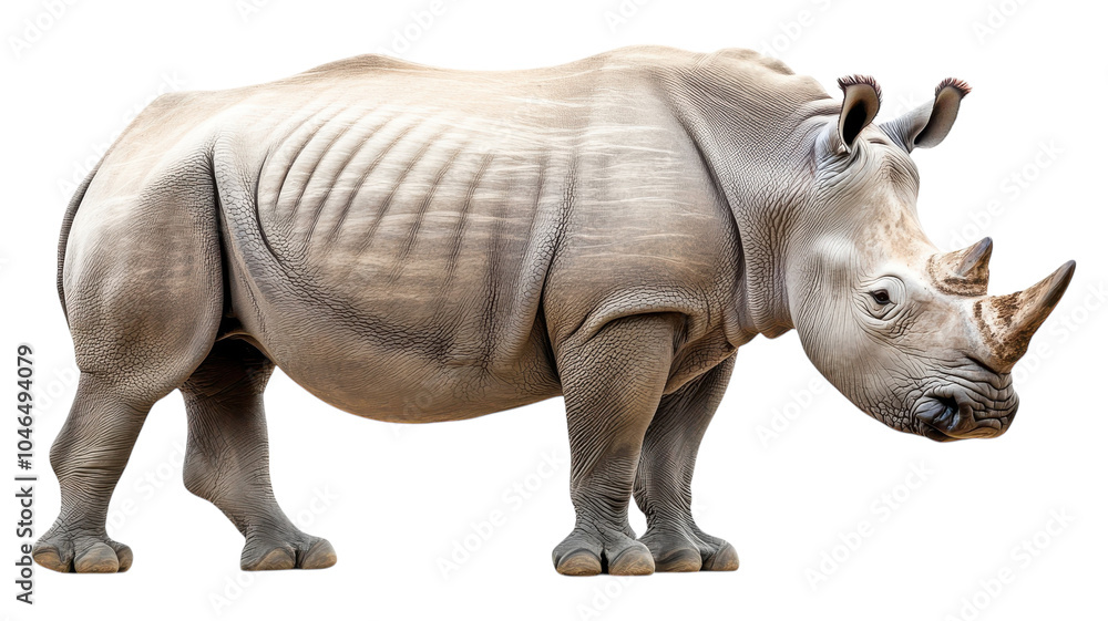 Naklejka premium A lifelike depiction of a rhinoceros standing on a transparent background with visible details of its skin texture and features.