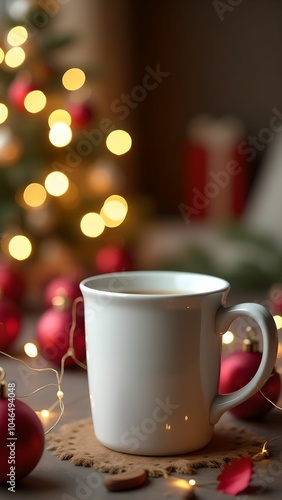 White cup on New Year background, blurred nice bokeh