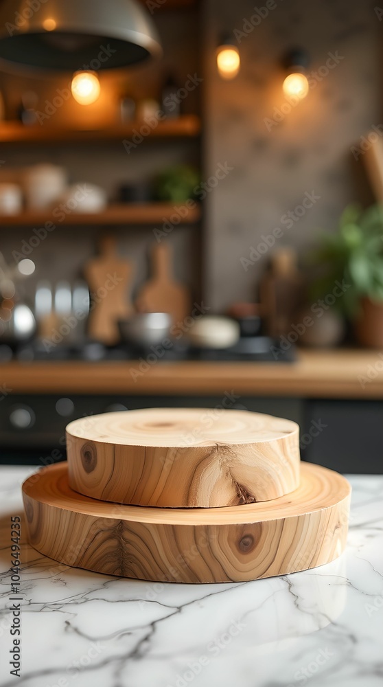 Fototapeta premium Podium, pedestal tray on the background of the kitchen. For presentation