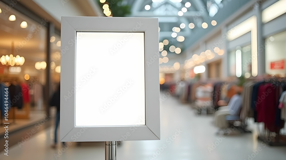 White banner, poster in clothing supermarket White banner, poster in clothing supermarket