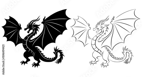 Vector set of wyvern silhouette clip art. Collection of black silhouette and outline angry dragon with wings isolated from background. Mythological fairy tale monster for tattoo. Chinese zodiac.