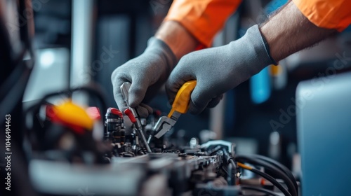 Technician maintaining a wind turbine generator, close-up shot of hands and tools, focused work, clear background, ideal for stock photography,