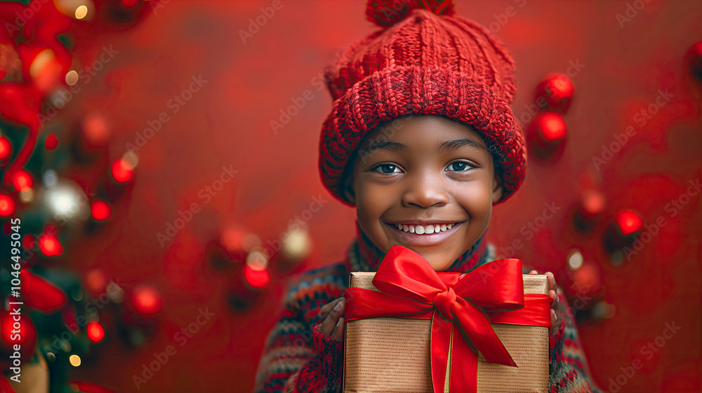 Cute African child holding Christmas gift box on red backdrop, room for text. Ideal for seasonal greetings, ads, and social posts. Cute African child holding Christmas gift box on red backdrop, room for text. Ideal for seasonal greetings, ads, and social posts.