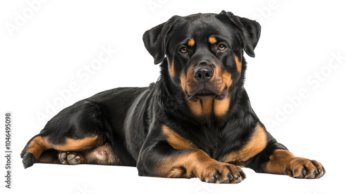 A Rottweiler lies calmly on a light background, showcasing its muscular build and alert expression in a serene indoor setting.